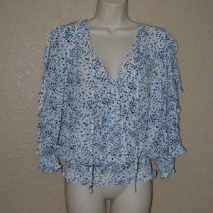 NWT $352 Sz XS Parker Blue White Spring Scatters 3/4 Sleeve Blouse